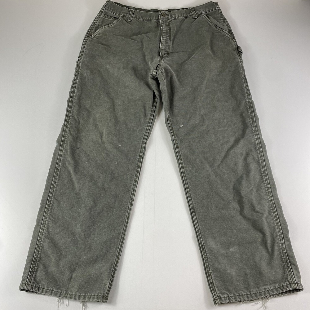 Vintage Carhartt B111 MOS Moss Green Flannel Lined Carpenter‎ Pants Men's 40x32
